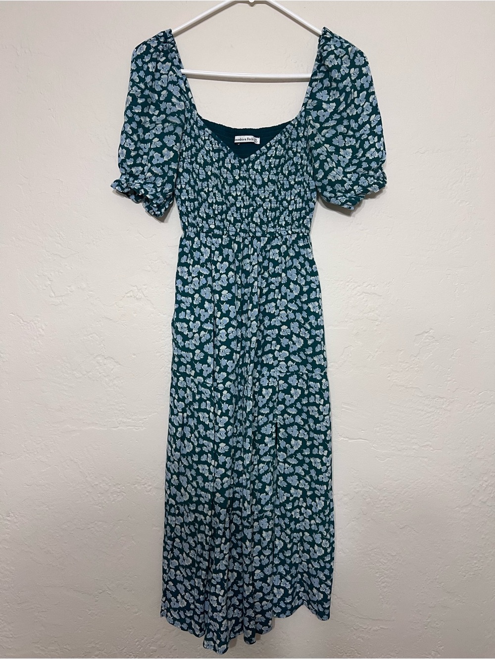Abercrombie & Fitch Teal Floral Puff-Sleeve Midi Dress